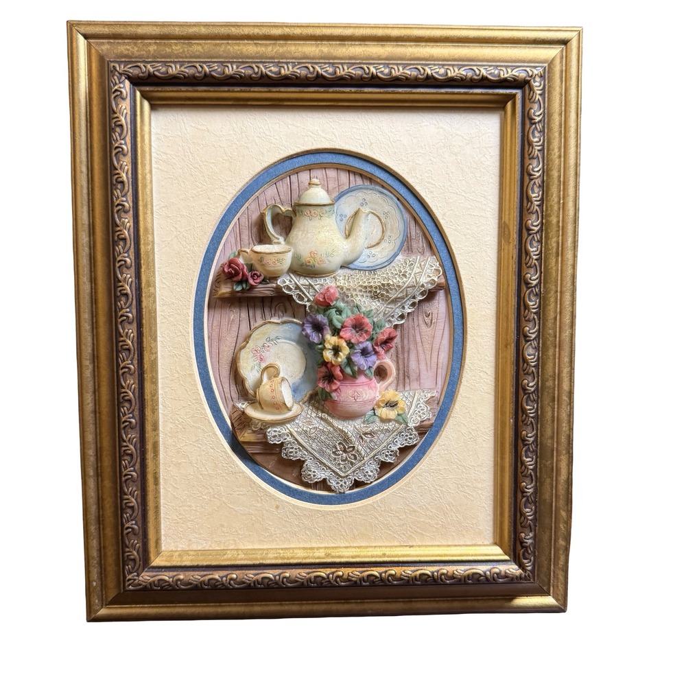 Vintage 3D‎ Resin Tea Time Floral Victorian Art Gold Frame Handpainted Richesco